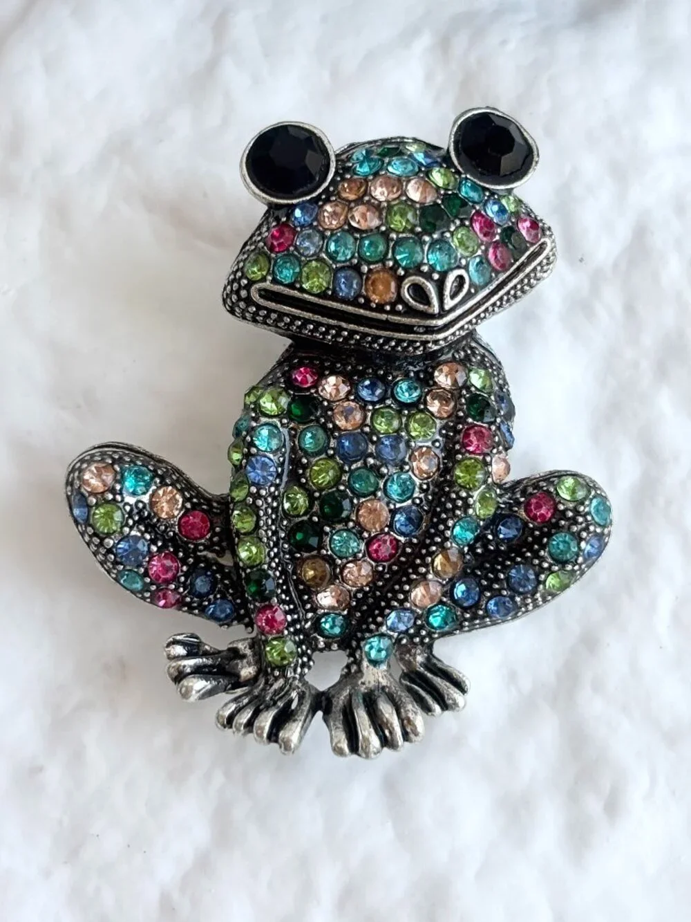Frog Figural Rainbow Rhinestone Silver Toned Vintage Inspired Brooch Pin